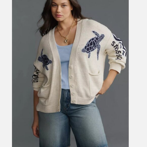 Anthropologie Pilcro Sea Turtle Cardigan Sweater Surf Bound Nautical Size 2X NWT - Picture 2 of 11